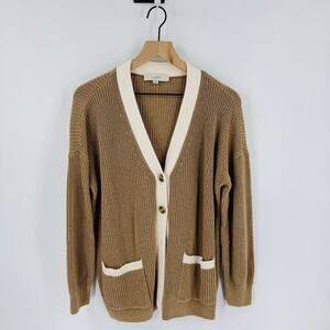 LOFT Tan Contrast Trim Button Front Cardigan Sweater‎ Size XL